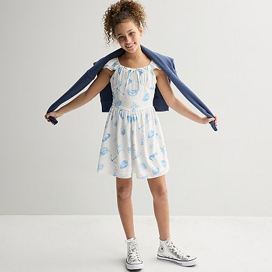 Girls 7-16 Rare Editions Ruched Bust Flutter Dress with Seashell Print