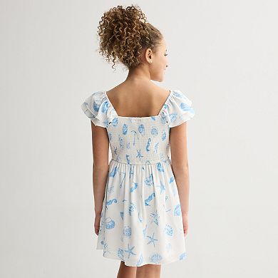 Girls 7-16 Rare Editions Ruched Bust Flutter Dress with Seashell Print