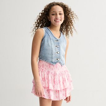 Girls 7-16 Rare Editions 3 pc Denim Vest & Floral Printed Skirt Set
