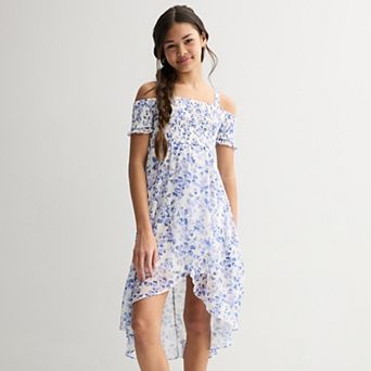 Girls 7-16 Rare Editions Printed Shirred Cold Shoulder Dress