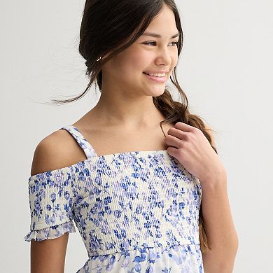 Girls 7-16 Rare Editions Printed Shirred Cold Shoulder Dress