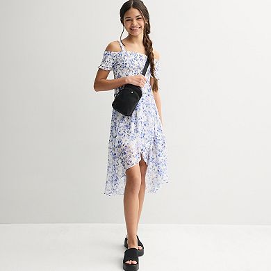 Girls 7-16 Rare Editions Printed Shirred Cold Shoulder Dress