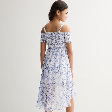 Girls 7-16 Rare Editions Printed Shirred Cold Shoulder Dress