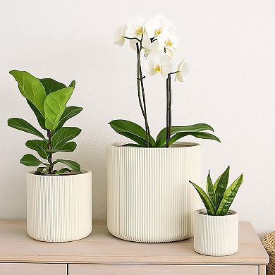 Elly Round Planter Set of 3, Vertical White Resin 18, 13, 9 Inch