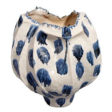 Nery Decorative Vase, Ruffled Edge, Blue White Patchwork Ceramic