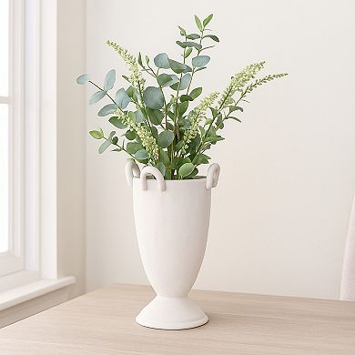 Fiji Accent Planter w Loop Handles, Pedestal White Ceramic 16 Inch