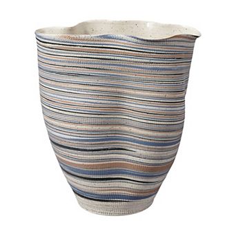 Kerya Decorative Vase, 13 Inch White Blue Striped, Wavy Rim Porcelain