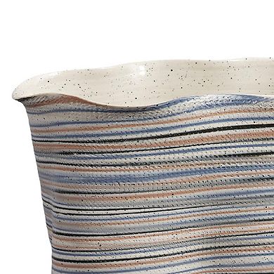 Kerya Decorative Vase, 13 Inch White Blue Striped, Wavy Rim Porcelain