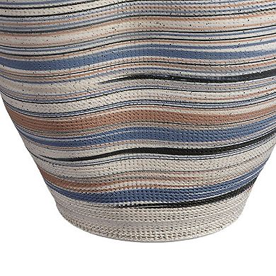 Kerya Decorative Vase, 13 Inch White Blue Striped, Wavy Rim Porcelain