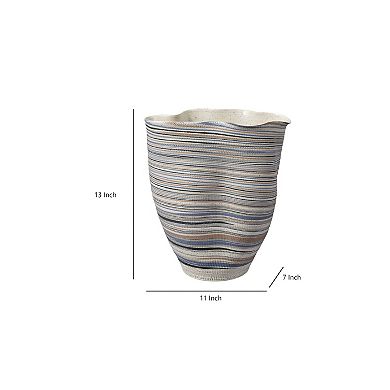 Kerya Decorative Vase, 13 Inch White Blue Striped, Wavy Rim Porcelain