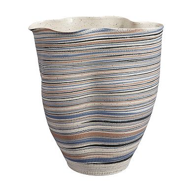 Kerya Decorative Vase, 13 Inch White Blue Striped, Wavy Rim Porcelain
