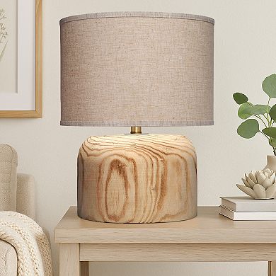 Timy Accent Table Lamp, 18 Inch, Linen Drum Shade, Brown Wood Base