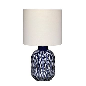 Hyla Accent Table Lamp, 17 Inch, Cream Linen, Blue Geometric Ceramic