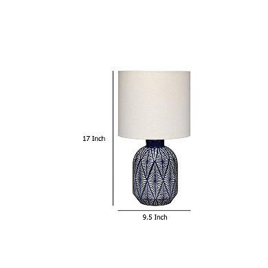 Hyla Accent Table Lamp, 17 Inch, Cream Linen, Blue Geometric Ceramic