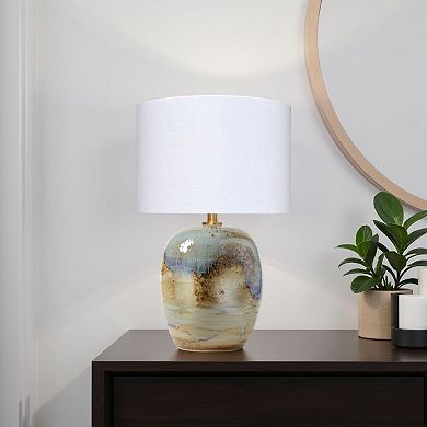 Sivy Accent Table Lamp, Linen, Round Abstract Ceramic Blue 26 Inch