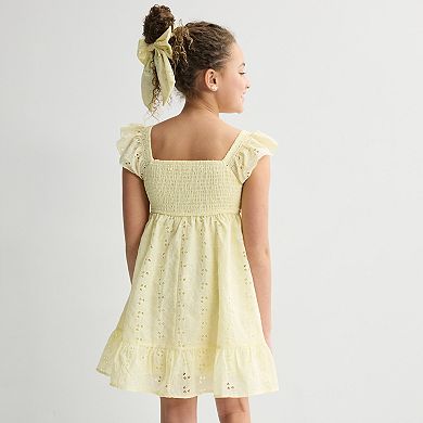 Girls 4-12 Inspired Hearts Embroidered Smocked Eyelet Dress & Scrunchie