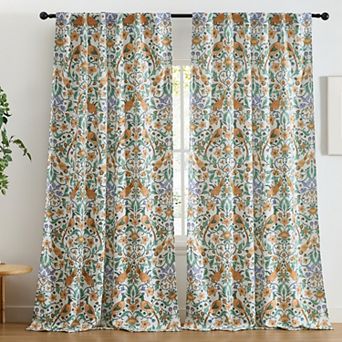 HLC.ME Florence Floral & Birds Back Tab Rod Pocket - Room Darkening Curtain Panels, Set of 2