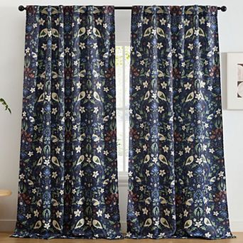 HLC.ME Florence Floral & Birds Back Tab Rod Pocket - Room Darkening Curtain Panels, Set of 2