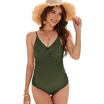 Women's Maternity Summer Front Cross Strap One Piece Swimwear Casual V Neck Swimsuit Bathing Suit