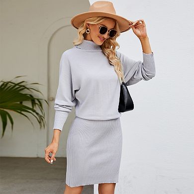 Women's Turtleneck Batwing Sleeve Knit Dress Bodycon Midi Sweater Dress