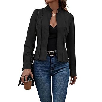 Women's Solid Color Suede Vintage Inspired Notch Collar Long Sleeve Jacket Outerwear