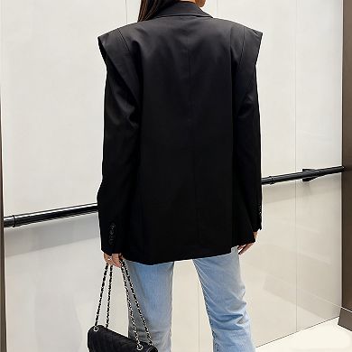 Women's Solid Color Oversized Blazer Lapel Long Sleeve Versatile Suit Jacket for Casual Wear
