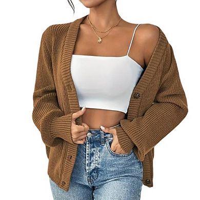 Womens V Neck Button Long Sleeve Knit Sweater Cardigan Tops