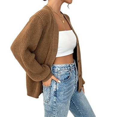 Womens V Neck Button Long Sleeve Knit Sweater Cardigan Tops