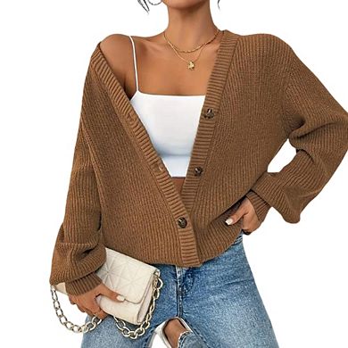 Womens V Neck Button Long Sleeve Knit Sweater Cardigan Tops
