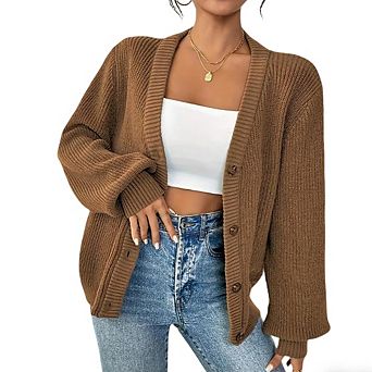 Womens V Neck Button Long Sleeve Knit Sweater Cardigan Tops
