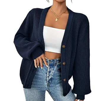 Womens V Neck Button Long Sleeve Knit Sweater Cardigan Tops