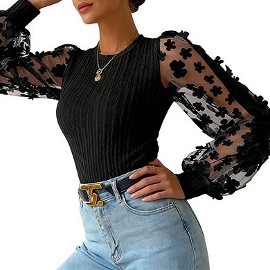 Womens Round Neck Floral Chiffon Long Sleeve Elegant Blouse