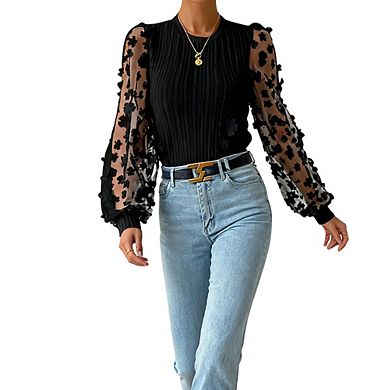 Womens Round Neck Floral Chiffon Long Sleeve Elegant Blouse