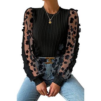 Womens Round Neck Floral Chiffon Long Sleeve Elegant Blouse