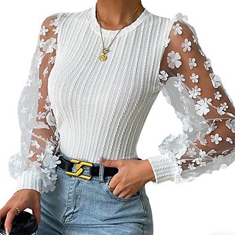 Womens Round Neck Floral Chiffon Long Sleeve Elegant Blouse