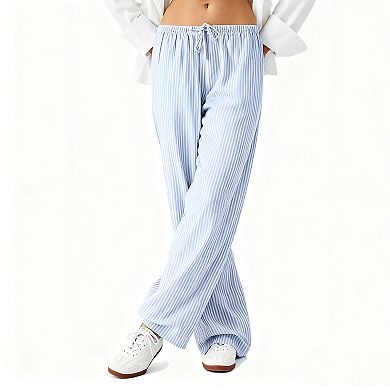 Women's Casual Striped Wide Leg Pants Drawstring Waist Straight Leg Trousers