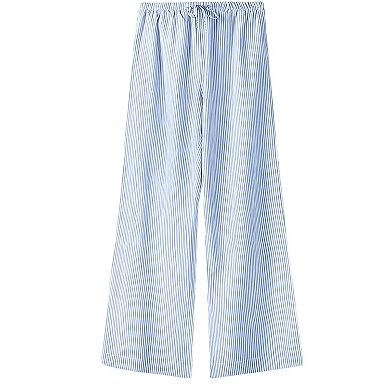 Women's Casual Striped Wide Leg Pants Drawstring Waist Straight Leg Trousers