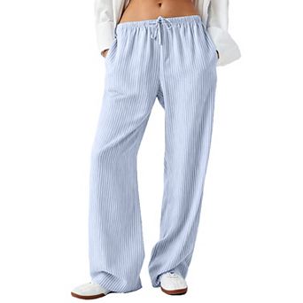 Women's Casual Striped Wide Leg Pants Drawstring Waist Straight Leg Trousers