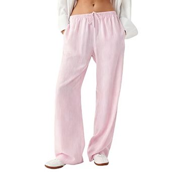 Women's Casual Striped Wide Leg Pants Drawstring Waist Straight Leg Trousers