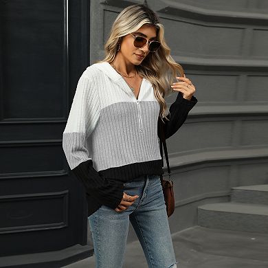 Women's Sweatshirt Color Block Half-Zip Hooded Sweater Ribbed Knit Pullover