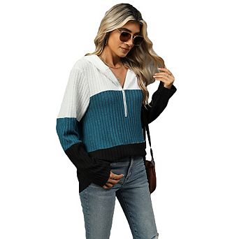 Women's Sweatshirt Color Block Half-Zip Hooded Sweater Ribbed Knit Pullover
