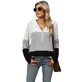 Women's Sweatshirt Color Block Half-Zip Hooded Sweater Ribbed Knit Pullover