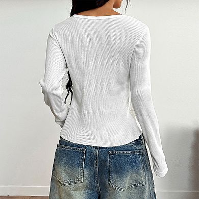 Women's Waffle Knit Henley Top Long Sleeve Cropped Casual Basic Shirt