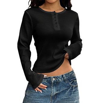 Women's Waffle Knit Henley Top Long Sleeve Cropped Casual Basic Shirt