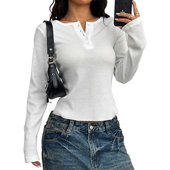 Women's Waffle Knit Henley Top Long Sleeve Cropped Casual Basic Shirt