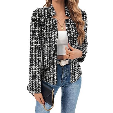 Womens Long Sleeve Slim Fit Tweed Boucle Elegant Casual Blazer Jacket