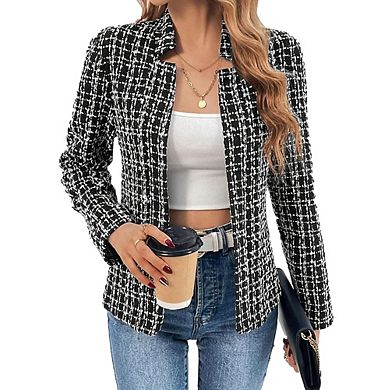 Womens Long Sleeve Slim Fit Tweed Boucle Elegant Casual Blazer Jacket