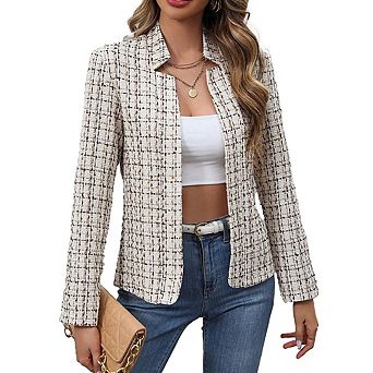 Womens Long Sleeve Slim Fit Tweed Boucle Elegant Casual Blazer Jacket