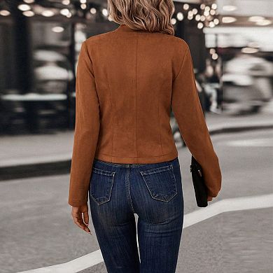 Women's Suede Notch Collar Jacket Double-Breasted Decorative Buttons Vintage Style Blazer