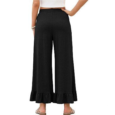 Women's Wide Leg Pants Casual Elastic Waist Pull-On Trousers with Ruffle Hem